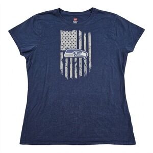 Seattle‎ Seahawks T-Shirt Womens XL Blue Distressed American Flag Hanes Nano-T